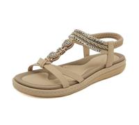 Beach Sandals For Women Uk Boho Arch Support Walking Holiday Sandals Wide Fit Elasticated Back Strap Beaded T-Strap Design Flat Sandal Comfort Casual Summer Dressy Open Toe Sandal 2026,Beige/Size 4