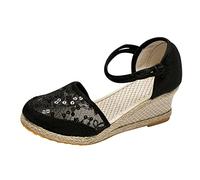 Beach Sandals Ladies Womens Summer Sandals Flat Women's Summer Canvas Sequins Non Slip Mesh Elastic Wedges Beach Open Toe Breathable Sandals Shoes Flatforms Sandals Women Toe Loop Sandals (Black, 7)