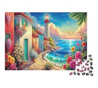 Beach Scene 1000 Piece Lighthouse Beach with Colorful Flowers Jigsaw Puzzles for Adults And Kids Family Educational Games 1000 Pieces Fun, Challenging & Brainteasing Adults Challenge High Difficulty 7