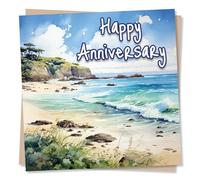 Beach Scene Happy Anniversary Card - Watercolour Painting for Husband, Wife, Couples, Partner, Girlfriend, Boyfriend