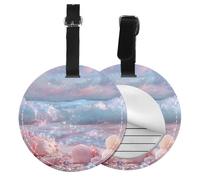 Beach Scene Round Luggage Tag 4PCS Pink Seashell PU Leather Travel Bag Tag ID Labels Name Card Holder wtih Buckle for Luggage Suitcase Backpacks