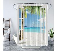 Beach Scene Shower Curtain Ocean Hawaiian Tropical Palm Trees on Island Turquoise Traveling Blue View Through White Wooden Windows Polyester Fabric Bathroom Curtains Set 70 x 70 Inch with Hook