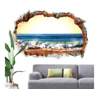Beach Scene Wall Sticker, Beach Wall Stickers | Sunny Wallpapers | Adhesive Landscape Broken Hole Sand Beach Wall Sticker Window Wall Decoration for Living Room