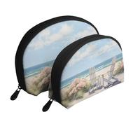 Beach Scene with Chairs Portable Shell Cosmetic Bag Set - Travel Makeup Organiser with Zipper & Inner Compartments