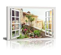 Beach Scenery Fake Window Painting Pictures Print On Canvas Stretched on Wooden Frame Ready To Hang 80x120cm/32x47in With Frame