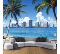 Beach Scenery Large Wall Mural Photo Wallpaper 350×256cm (WxH), Blue Silk Cloth Art Print Palm Trees Sea City Wall Mural, Decoration Poster Picture Design Modern for Home Office