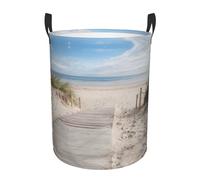Beach Scenery Round Single-Layer Laundry Hamper With Full Wrap Print, Water-Resistant Polyester Fabric For Home Car Storage