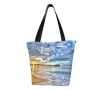 Beach Sea Bridge Clouds Sunset Fashion Canvas Tote Bag With All Over Print Design,Large Reusable Shopper Tote With Double Handles,Beach Tote, Weekend Bag