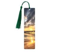 Beach Sea Bridge Clouds Sunset Printed Metal Bookmarks S - Dark Green Lightweight Aluminium Book Marker for Books, Journals & Gifts, Ideal Book Lovers, Holiday Decor & Crafts