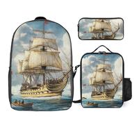 Beach Sea Sailing Boat 3 Pieces Set Laptop Backpack Casual Daypack with Lunch Box Pencil Case for Travel