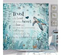 Beach Sea Turtle Bible Verse Shower Curtain, Cool Turtle on Blue Teal Coastal Nautical Theme Shower for Bathroom, Underwater Animal Fish Seashell Jellyfish 70X70IN