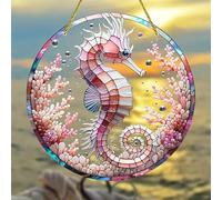 Beach Seahorse Coral Stained Windows Hanging Suncatcher,Flower Stained Glass Suncatchers Window Ornament Stained Glass Panel Sun Catcher Wall Hanging Decor Birthday Gifts