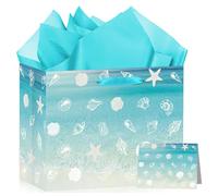 Beach Seashell Gift Bag Seashell Starfish Wrapping Paper Bag with Tissue Paper and Greeting Card Blue Beach Goodies Bags Hawaiian Themed Decor for Ocean Summer Birthday Wedding Baby Shower Supplies