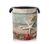 Beach Seashell Large Storage Basket, Starfish Blue Wooden Laundry Hamper/Bathroom/Home Decor/Collapsible Round Storage Bin,Boys Girls Dirty Clothes Hamper/Boxes/Toys Storage 66L