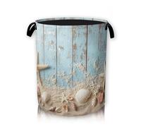 Beach Seashell Starfish Large Storage Basket, Blue Wooden Laundry Hamper/Bathroom/Home Decor/Collapsible Round Storage Bin,Boys Girls Dirty Clothes Hamper/Boxes/Toys Storage 66L
