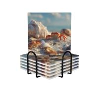 (Beach, seashells, crabs) Ceramic Coasters for Drinks Set of 6 with Cork Base and Holder Drink Coaster for Table Protection Kitchen Bar Home Decor Gift for Housewarming Wedding Square