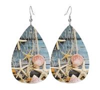 Beach Seashells Starfish Sand Print Leather Earring for Women - Lightweight Dangle Earrings, Fashion Statement Costume Jewelry