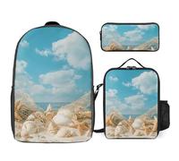 Beach Seashells Starfish Trendy Backpack Set for Unisex Lightweight 17inch Daypack with Lunch Bag And Pencil Case 3pcs