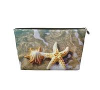 Beach Seaside Printed Toiletry Bag for Women Girl Portable Travel Cosmetic Bag Leather Makeup Pouch Organizer with Gold Zipper