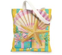 Beach Shell Canvas Tote Bags, Colorful Starfish Pattern Reusable Grocery Bags, Fun Coastal Lightweight Washable Shoulder St, Yellow, 13x15 Inch