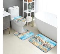 Beach Shells Quick Dry Bath Mat, Coastal Ocean Waves Pattern Absorbent Non Slip Shower Mat, Summer Decorative Flannel Washable Bath Rugs for Bathroom Toilet Restroom 3 Piece Sets