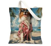Beach Shetland Sheepdog Dog Canvas Tote Bag for Shopping 13 * 15, Funny Hawaii Beachy Palm Reusable Grocery Shoulder Cloth Bag for Women, Pet Painting Gift Decor