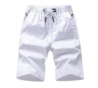 Beach Shorts for Men UK Quick-Drying Half Pants with Zipper Pockets Solid Color Workout Pant Short Breathable Stretch Summer Sweatpants Elasticated Waist Drawstring Athletic Gym for Sports White