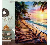 Beach Shower Curtain 100 x 180 cm, Waterproof Fast-Drying Polyester Fabric, Extra Long Shower Curtain with Weighted Bottom & 12 Hooks Washable Bathroom Curtains for Bathroom Wet Room Tub, Ocean J8-568