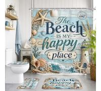 Beach Shower Curtain Set 4Pcs Teal Blue Ocean Bathroom Set with Rugs