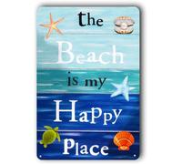 Beach Sign,Beach Wall Decor,Beach Decor Sign For Home,Beach Wall Decorative Sign,Funny Home Decor Sign "The Beach Is My Happy Place" Metal Aluminum Sign 6x8 Inch