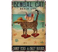 Beach Signs For Outside Beach Life Sandy Toes Salty Kisses Bengal Cat Home Decor Art Wall Decor Metal Sign Poster 8X12 Inches