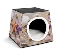 Beach Starfish Cat Bed for Indoor Cats - Foldable Cat & Dog House with Removable Cozy Cushion, Waterproof Oxford Washable Pet House for Small Pets 13.8" X 13.8" X 11.8"