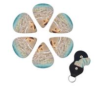 beach starfish Guitar Picks 6 Pack, 0.96mm Thickness Celluloid Bass Pick with Leather Guitar Pick Holder Keychain Abstract Art Pics Plectrum for Acoustic Electric Guitar, Ukulele, Bass