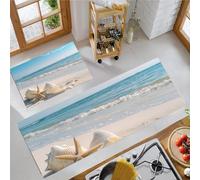 Beach Starfish Kitchen Rugs Non Skid Washable Mats Set of 2 PCS, Beach View Absorbent Runner Rugs for Kitchen, Front of Sink,Sink Laundry, 40x60cm+40x120cm Light Blue