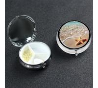 Beach Starfish Pill Box with Mirror 3 Compartment Decorative Pill Case for Purse or Pocket Small Round Pill Organizer Weekly Metal Medicine Tablet Vitamin Holder Travel Gift