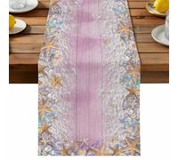 Beach Starfish Table Runner, Watercolor Summer Sea Star Nut Shell Pink Wood Grain Cotton and Table Linen Runner for Kitchen Dining Home Decor for Party Festival Holiday Decoration Gift 13x72in