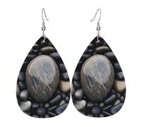 Beach Stone Printed Dangle Leather Earrings, Reversible Statement Jewelry with Silver Plated Hooks