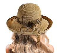 Beach Sun Hats for Women - Wide Brim Straw Womens Summer Hat with Wind Lanyard Roll Up, Foldable Beach Hat UV Protection, Khaki, 7 1/4-7 1/2