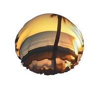 Beach Sunrise And Backlit Palm Tree Reusable Shower Cap,Double Layer Water Shower Non Wetting Hair Cap,Large Size For All Hair Lengths