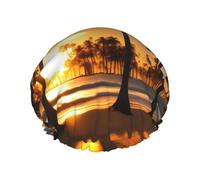 Beach Sunrise And Backlit Palm Trees Reusable Shower Cap,Double Layer Water Shower Non Wetting Hair Cap,Large Size For All Hair Lengths