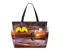 Beach Sunrise Print Large Waterproof Beach Tote Bag for Women with Zip and Pockets Foldable Handbag for Travel Pool Shopping Holiday Gym