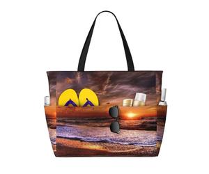Beach Sunrise Print Large Waterproof Beach Tote Bag for Women with Zip and Pockets Foldable Handbag for Travel Pool Shopping Holiday Gym