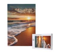 Beach Sunrise White Wave Printed Jigsaw Puzzle with Storage Box, Wooden Puzzle for Adults and Kids, 1000 Pieces Family Fun Decorative Game