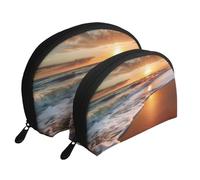 Beach Sunrise White Wave Printing Shell Makeup Bag Set 2-Piece Cosmetic Bags Portable Travel Makeup Storage Bag for Women Girls