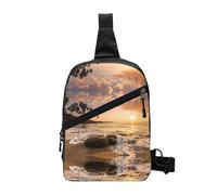 Beach Sunset Foldable Sport Sling Bag,Lightweight Crossbody Chest Pack with Multiple Pockets,Water-Resistant Polyester Fabric,Compact Travel Daypack