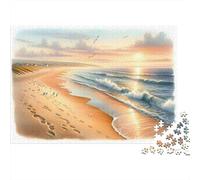 Beach Sunset Footprints 1000-Piece Puzzle for Adults, 38x26cm/1000pcs; White Pieces with A Smooth Surface; Shared Family Time Around The Table