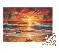 Beach, Sunset Jigsaw Puzzles. 52x38cm/1000pcs Starfish And Baby Turtle Whimsical Challenge Toy for Educational Games Gifts