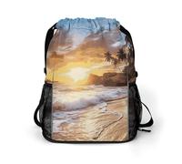 Beach Sunset Landscape Sports Drawstring Backpack,Packsack with Shoe Compartment And Wet Proof Pocket for Youth