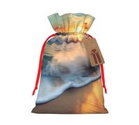 Beach Sunset Ocean Printed Christmas Drawstring Bags for Party Xmas Gift Wrapping, Red Ribbon, M