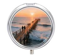 Beach Sunset Ocean Waves Pill Box - 3 Compartment, Round Metal Pill Case with Mirror, Portable Medicine Holder for Purse/Wallet/Travel
